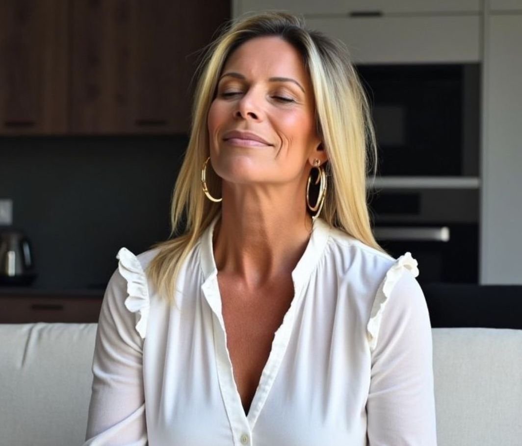 Claire on sofa Meditating 2